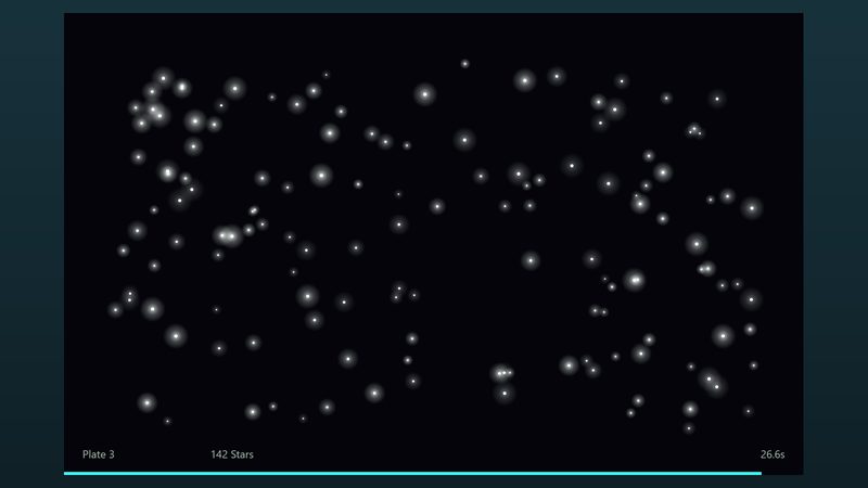 A black plate scattered with over a hundred glowing stars, the third plate of a round with its clock running.