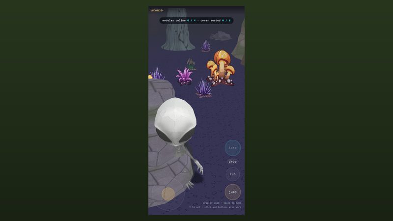 A grey alien with large dark eyes on a moonlit path, orange mushrooms and violet crystals growing around the base.