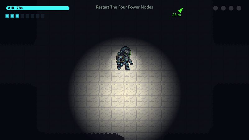 A small figure in a pressure suit standing in a cone of lamplight on a dark moon base floor, corridors falling away into black