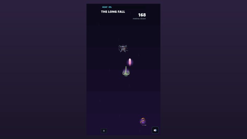 A diver falling through a violet shaft past drifting creatures, the depth counter and the heat gauge above.