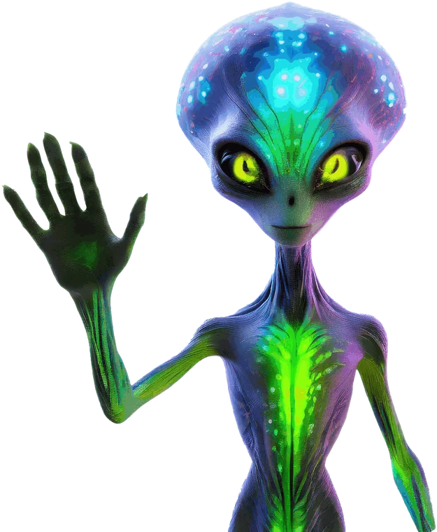 The Alien Life Creations character, raising one hand in greeting